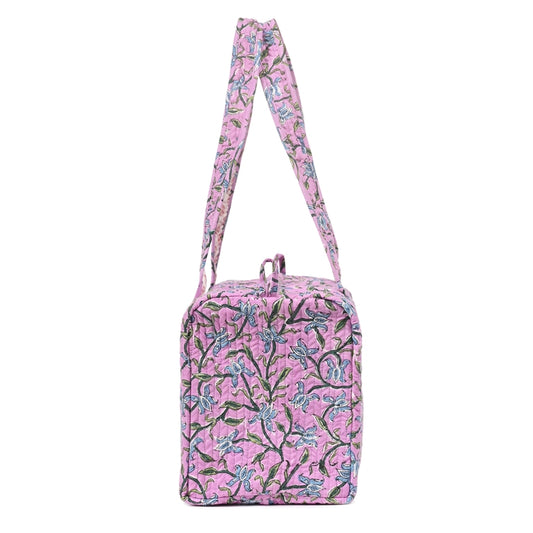 LAVENDER HAND BLOCK PRINTED QUILTED TRAVEL MICRO DUFFLE BAG