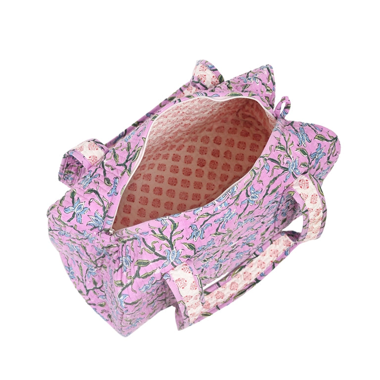 LAVENDER HAND BLOCK PRINTED QUILTED TRAVEL MICRO DUFFLE BAG