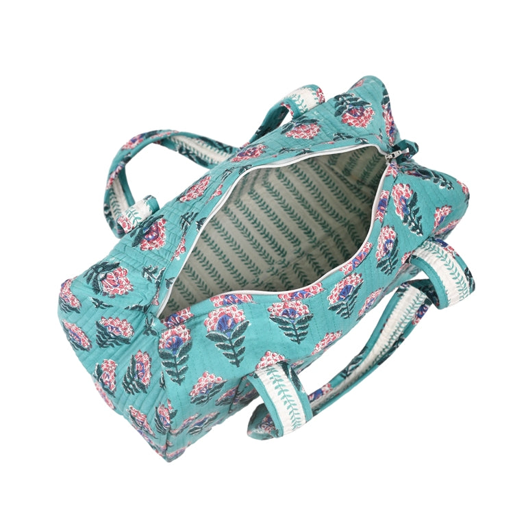 SNAKE CHARM GREEN HAND BLOCK PRINTED QUILTED TRAVEL MICRO DUFFLE BAG