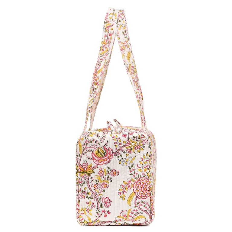 YELLOW SNEEZEWORT HAND BLOCK PRINTED QUILTED TRAVEL MICRO DUFFLE BAG