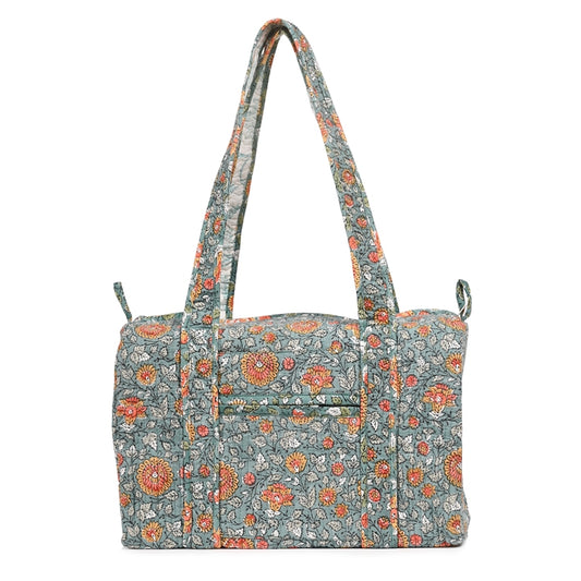 BLOSSOMING ROSES IN MOONSOON HAND BLOCK PRINTED QUILTED TRAVEL MICRO DUFFLE BAG