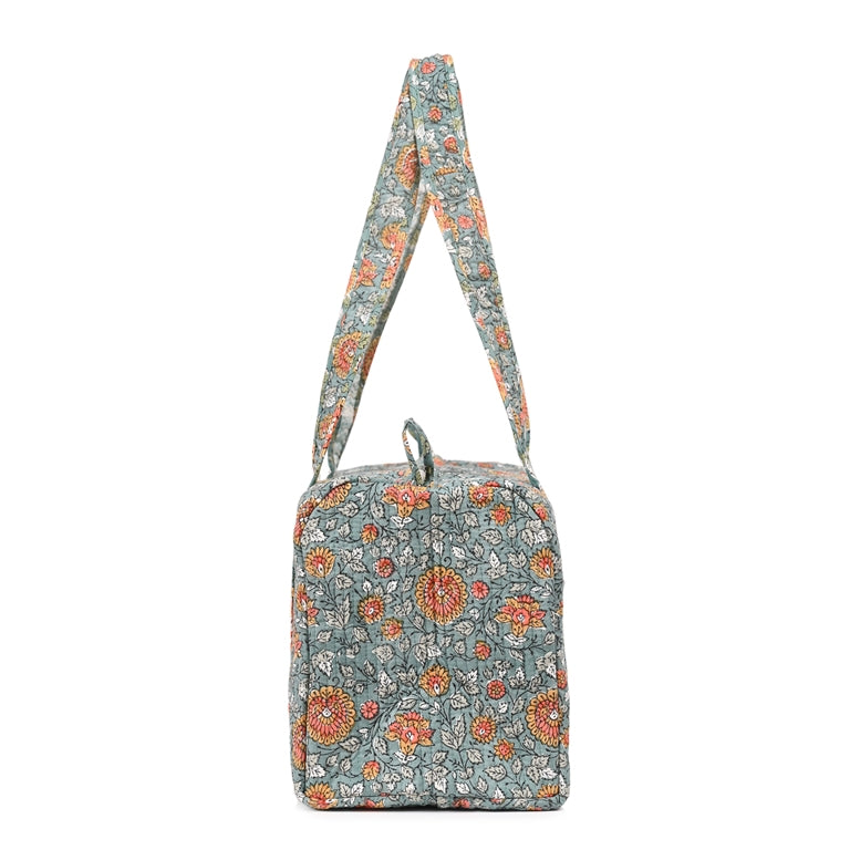 BLOSSOMING ROSES IN MOONSOON HAND BLOCK PRINTED QUILTED TRAVEL MICRO DUFFLE BAG