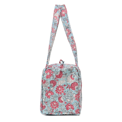 CATHARANTHUS HAND BLOCK PRINTED QUILTED TRAVEL MICRO DUFFLE BAG