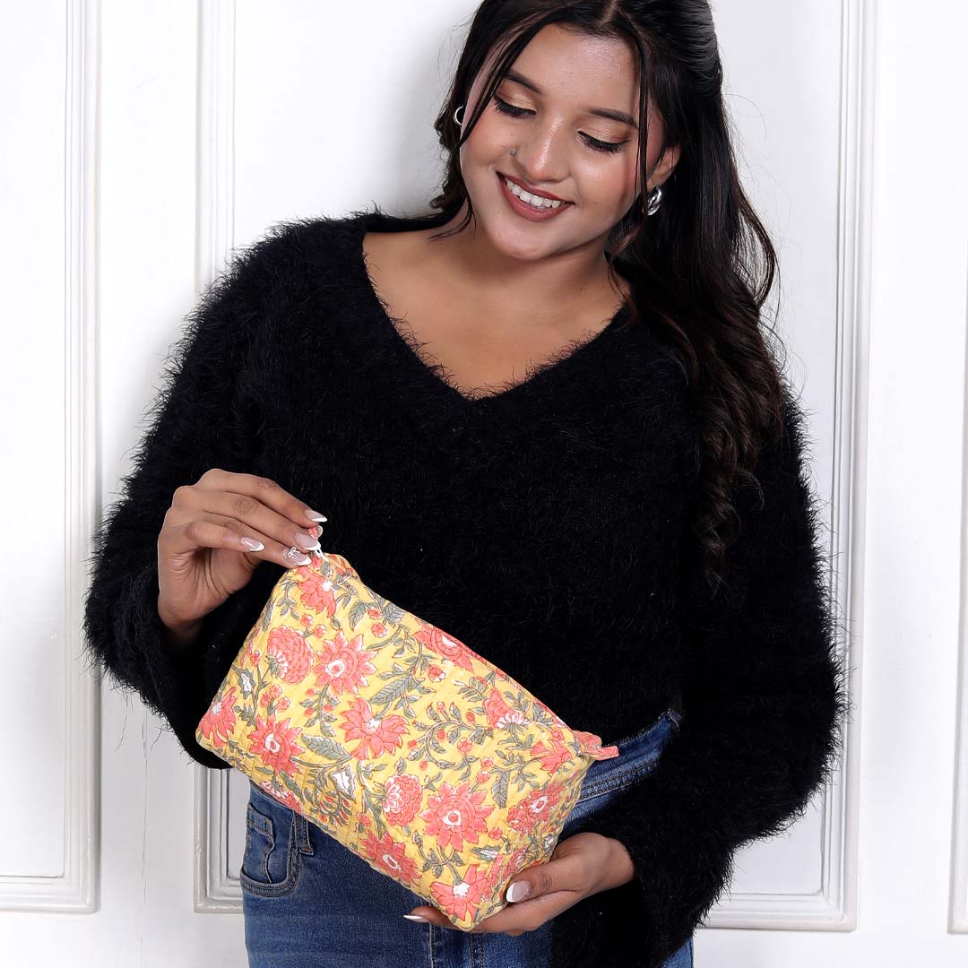 SUNBLOOM HAND BLOCK COTTON PRINTED QUILTED TOILETRY & MAKEUP POUCH