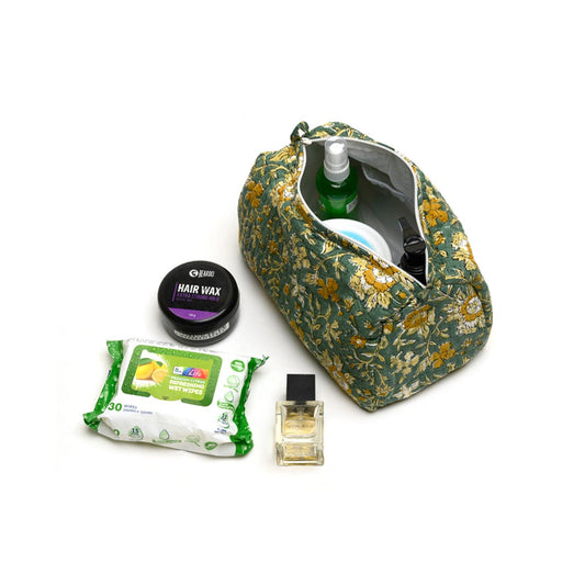 PISTACHU JAL HAND BLOCK COTTON PRINTED QUILTED TOILETRY POUCH