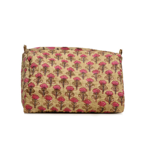 PEACELILY YELLOW HAND BLOCK COTTON PRINTED QUILTED TOILETRY POUCH