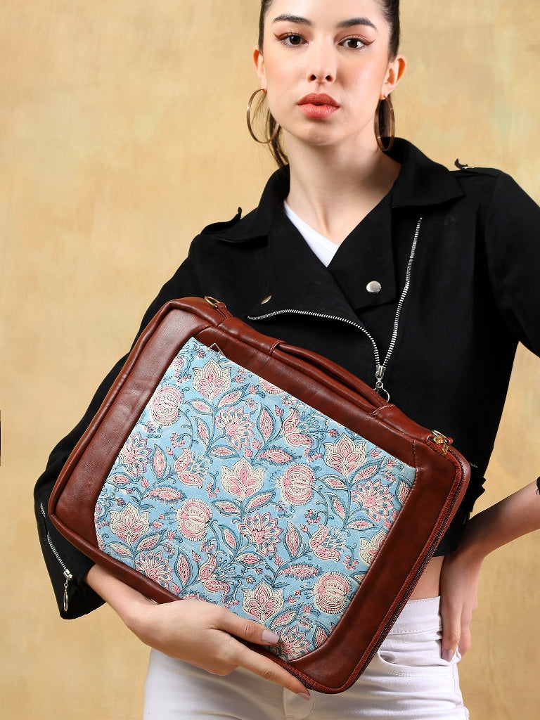 OPIUM POPPY JAAL HAN BLOCK COTTON PRINTED & VEGAN LEATHER BLUE LAPTOP SLEEVE 13″