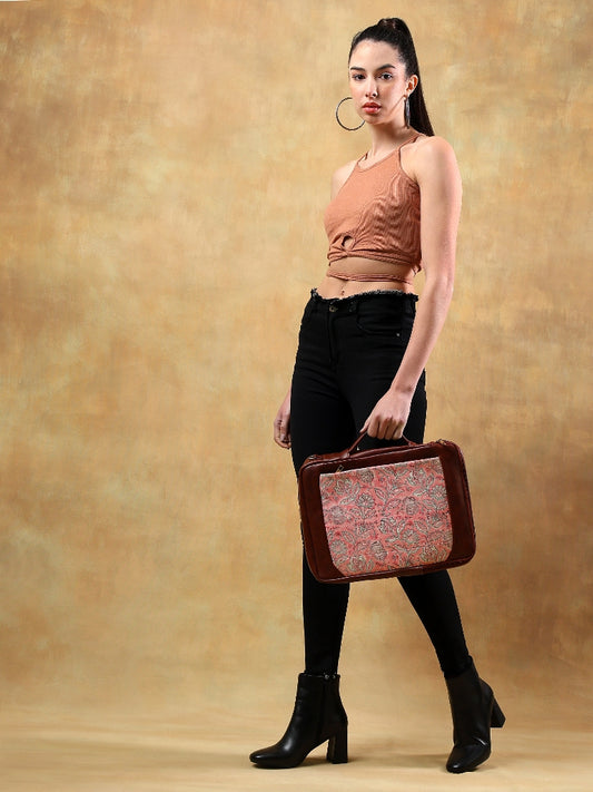 OPIUM POPPY JAAL_ HAND BLOCK COTTON PRINTED & VEGAN LEATHER PINK LAPTOP SLEEVE 13″