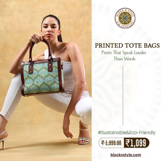 Block N Style By A.K Textiles: Hand-Block Cotton Printed Tote Bag With Vegan Leather Sling