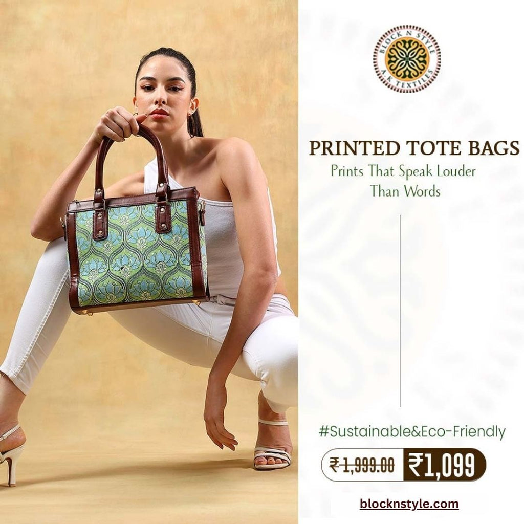 Block N Style By A.K Textiles: Hand-Block Cotton Printed Tote Bag With Vegan Leather Sling