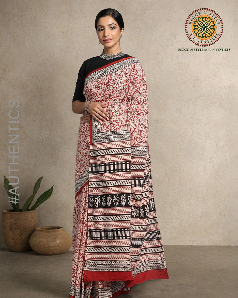 Title: Discover Elegance with Block N Style by AK Textiles: Hand Block Cotton Printed Sarees with Blouse and Bagru Prints