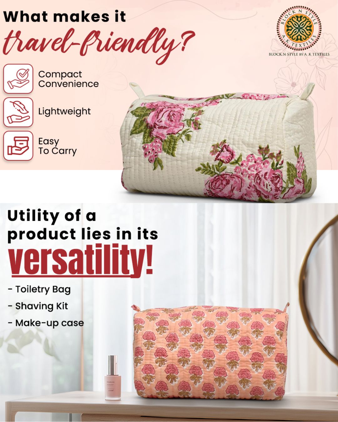 Elevate Your Travel Style with Our Hand Block Sanganeri Printed Quilted Toiletry Pouch