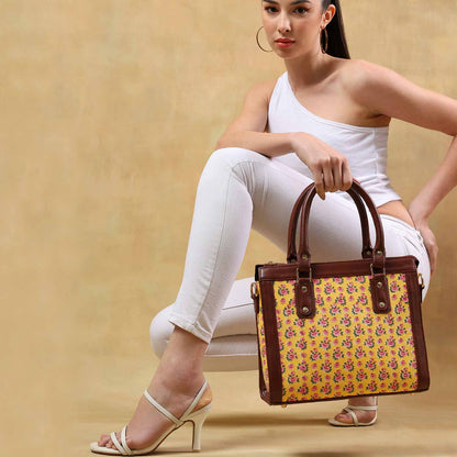 Hand Block Cotton Printed Tote Bag with Vegan Leather