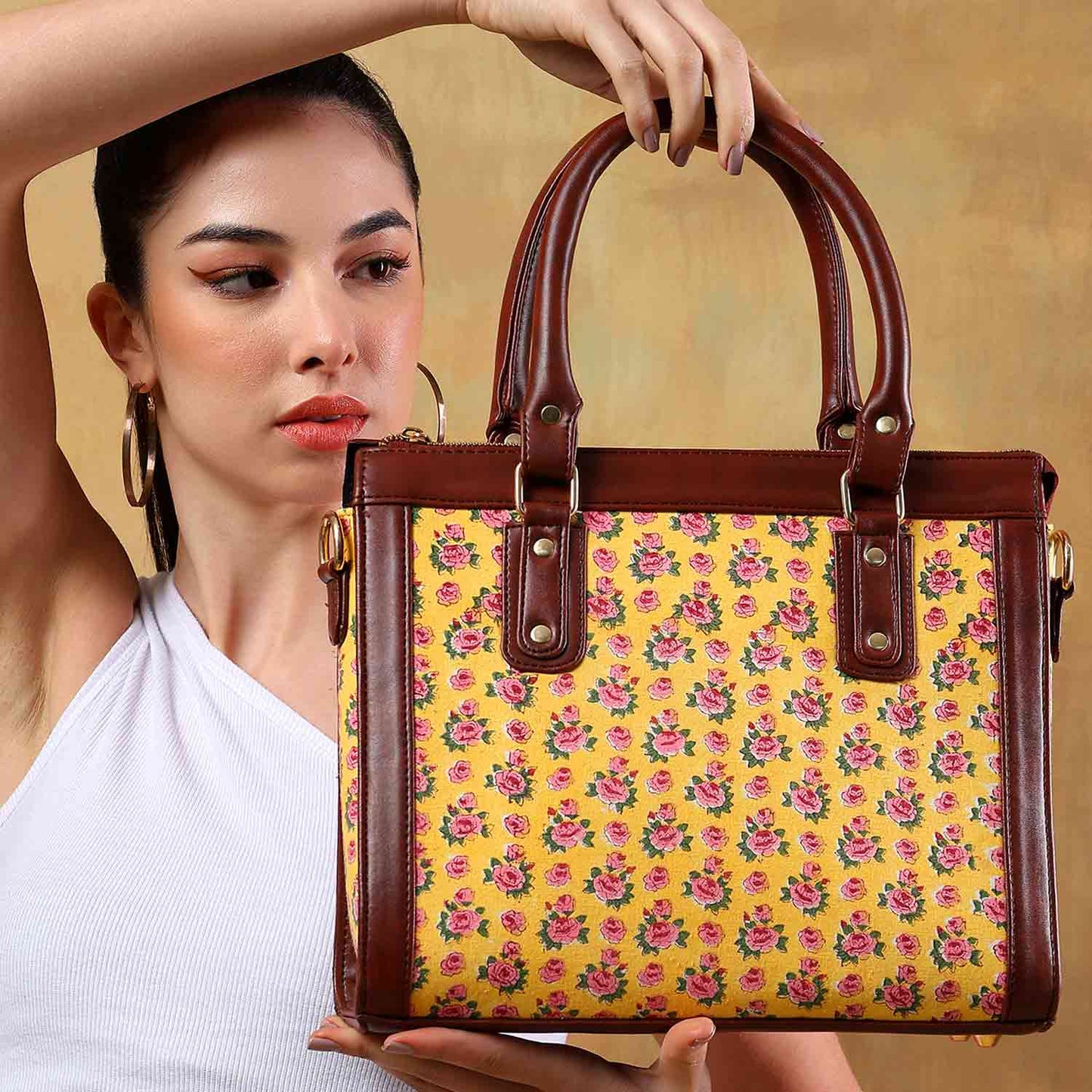 Hand Block Cotton Printed Tote Bag with Vegan Leather