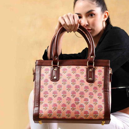 Hand Block Cotton Printed Tote Bag with Vegan Leather