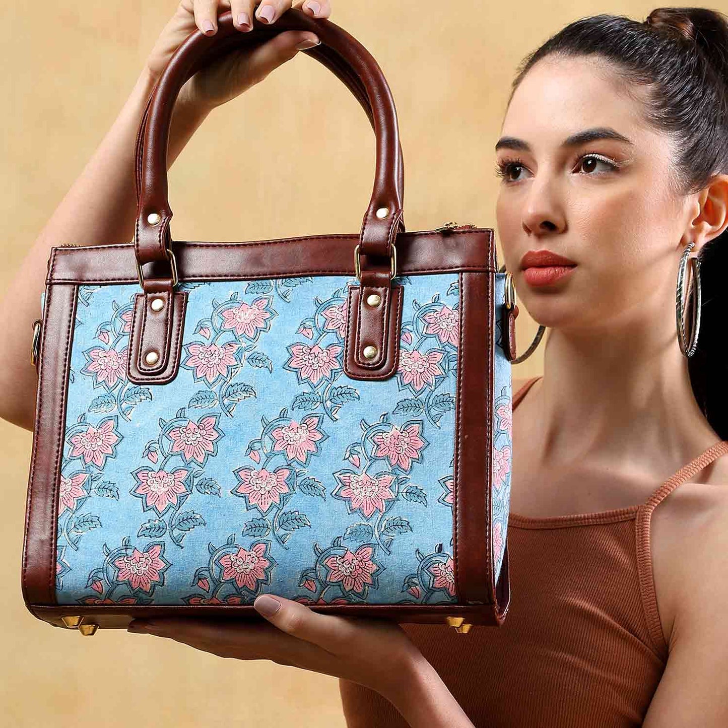 Hand Block Cotton Printed Tote Bag with Vegan Leather