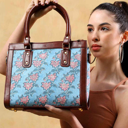 Hand Block Cotton Printed Tote Bag with Vegan Leather