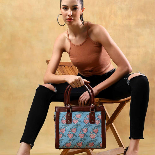 Hand Block Cotton Printed Tote Bag with Vegan Leather