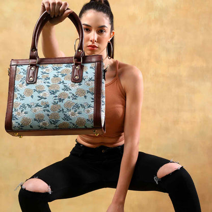 Hand Block Cotton Printed Tote Bag with Vegan Leather