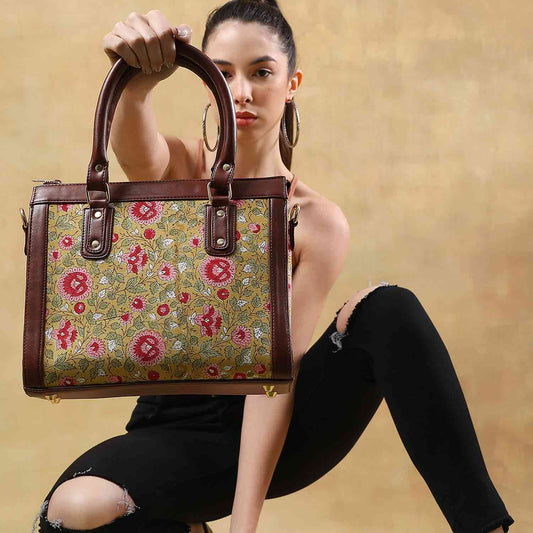 Hand Block Cotton Printed Tote Bag with Vegan Leather