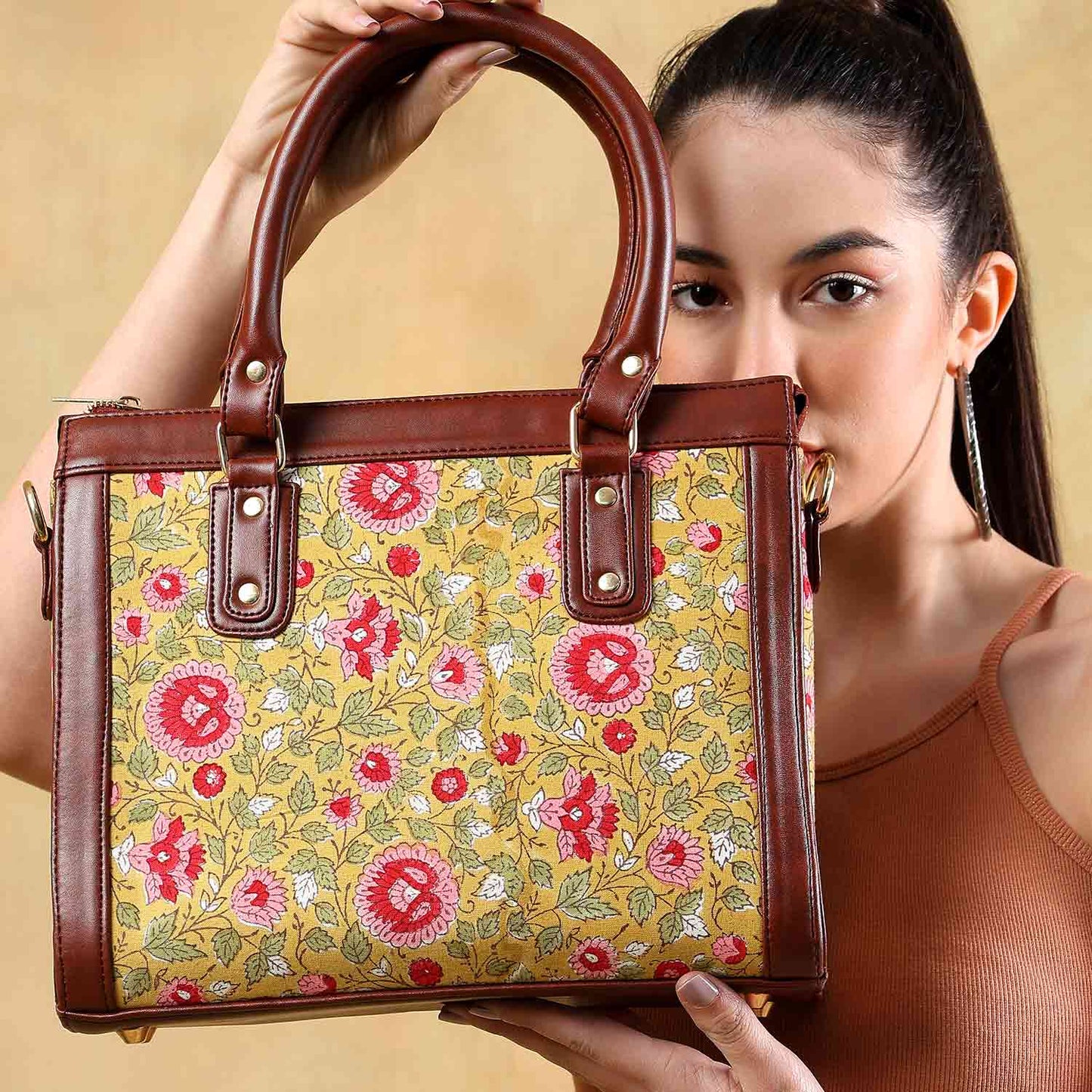 Hand Block Cotton Printed Tote Bag with Vegan Leather