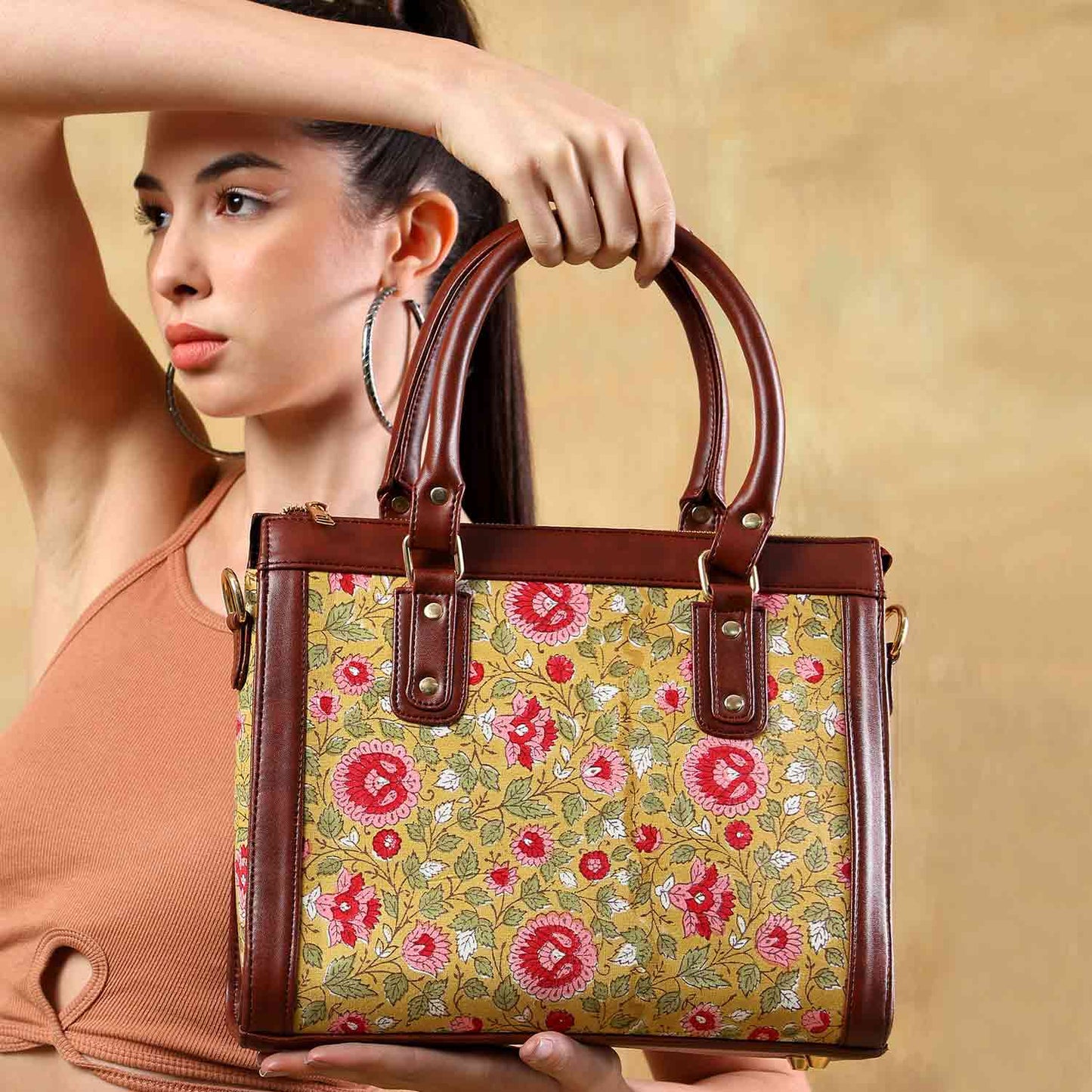Hand Block Cotton Printed Tote Bag with Vegan Leather