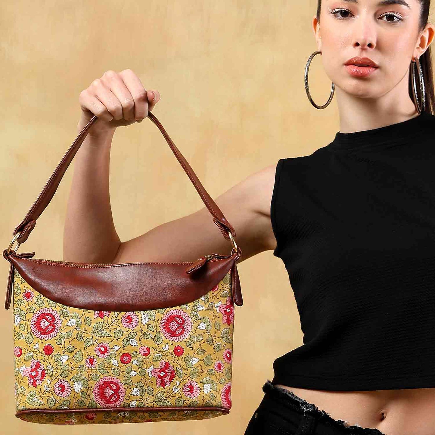 HAND BLOCK COTTON PRINTED HANDBAG VEGAN LEATHER