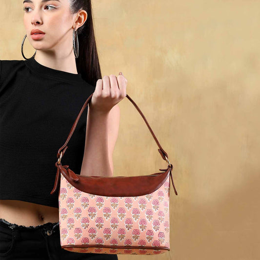 HAND BLOCK COTTON PRINTED HANDBAG VEGAN LEATHER