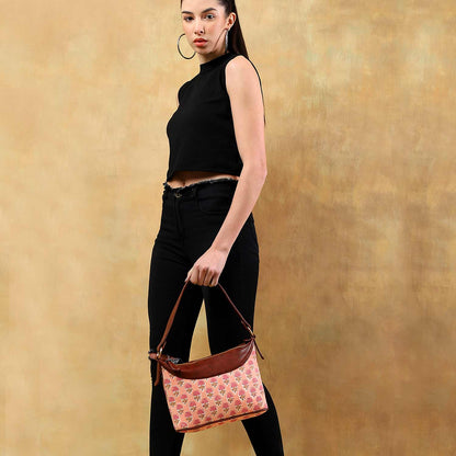 HAND BLOCK COTTON PRINTED HANDBAG VEGAN LEATHER