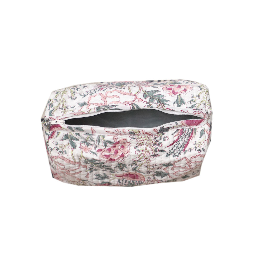 HAMSA BLOOM HAND BLOCK COTTON PRINTED QUILTED  TOILETRY & MAKEUP POUCH