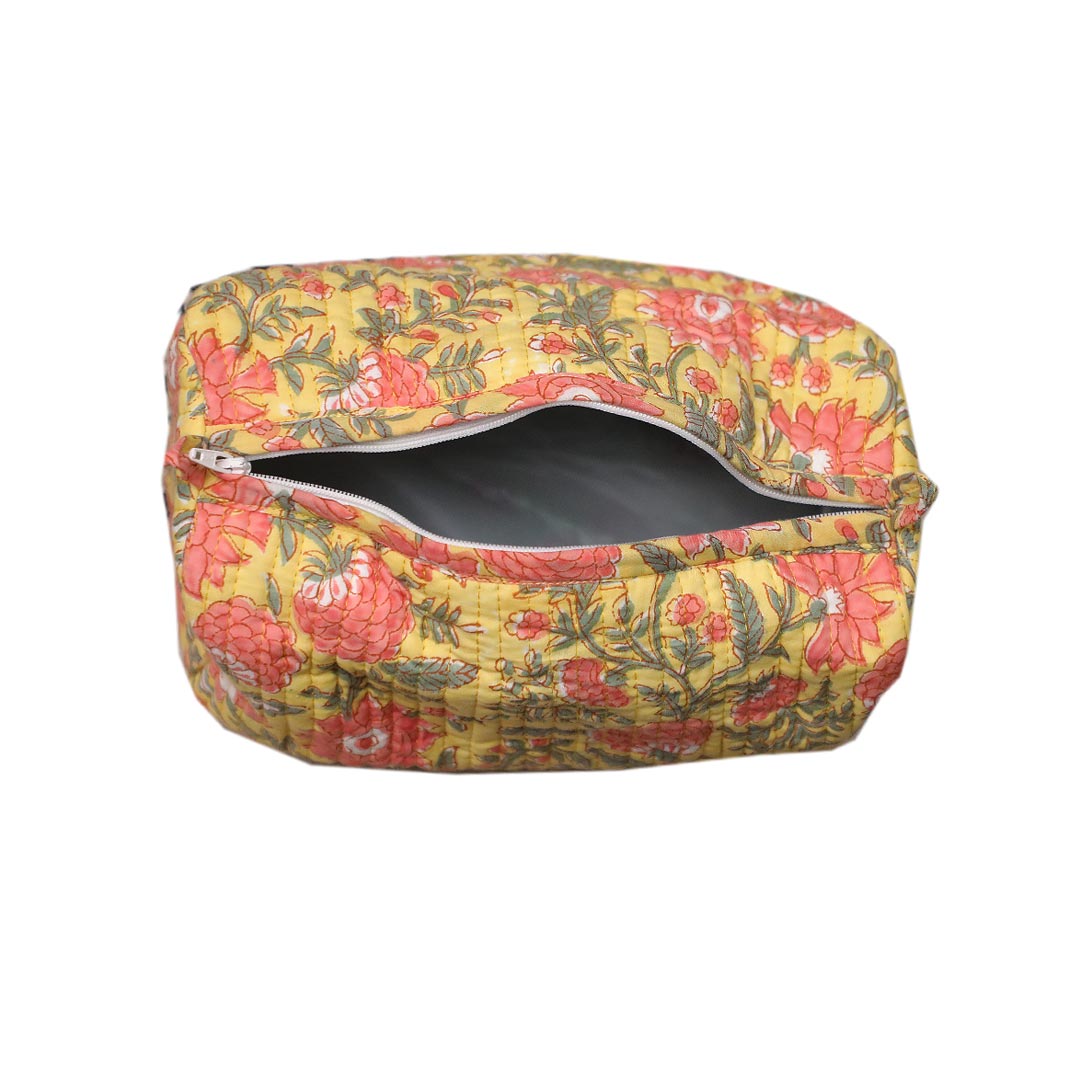 SUNBLOOM HAND BLOCK COTTON PRINTED QUILTED TOILETRY & MAKEUP POUCH