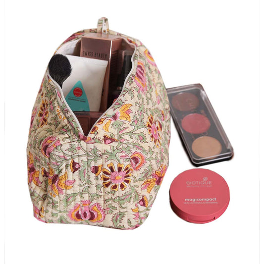 ARALI HAND BLOCK COTTON PRINTED QUILTED TOILETRY & MAKEUP POUCH