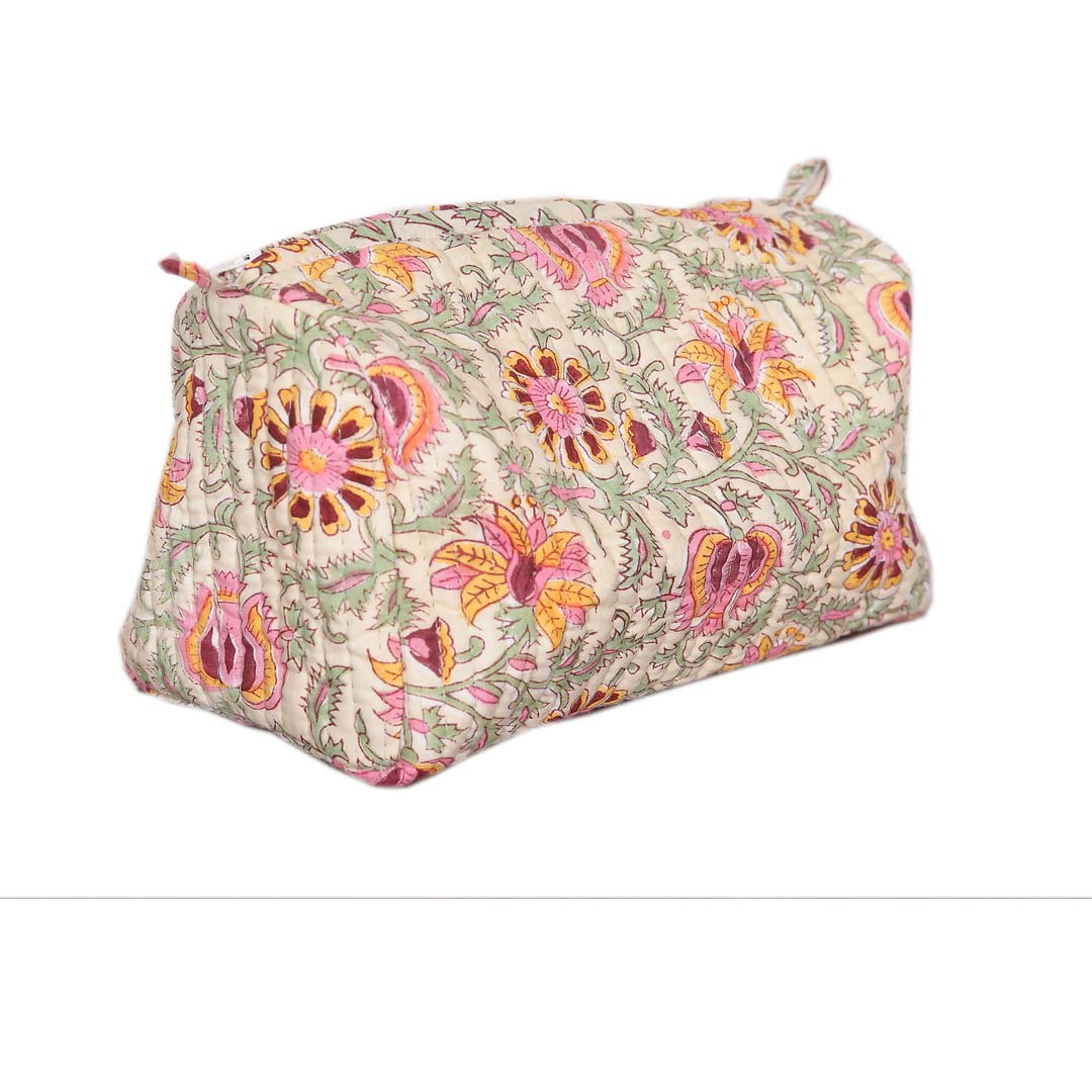 ARALI HAND BLOCK COTTON PRINTED QUILTED TOILETRY & MAKEUP POUCH