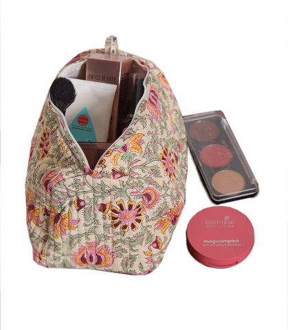 ARALI HAND BLOCK COTTON PRINTED QUILTED TOILETRY & MAKEUP POUCH