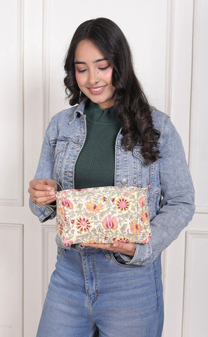 ARALI HAND BLOCK COTTON PRINTED QUILTED TOILETRY & MAKEUP POUCH