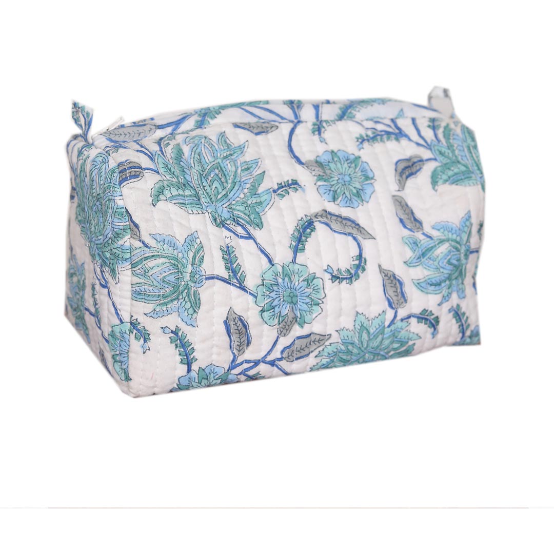 CHAMANTHI HAND BLOCK COTTON PRINTED QUILTED  TOILETRY & MAKEUP POUCH