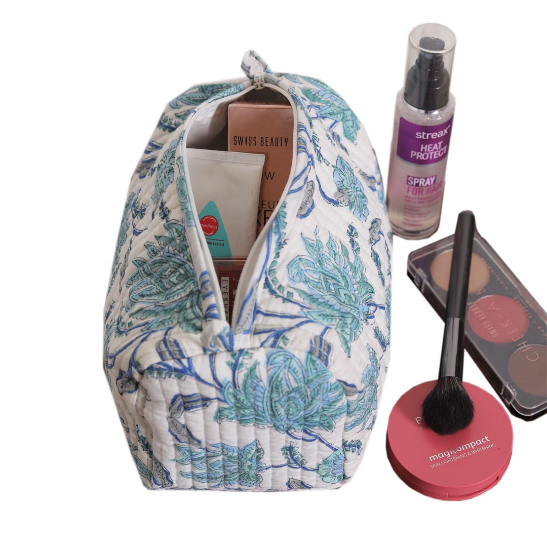 CHAMANTHI HAND BLOCK COTTON PRINTED QUILTED  TOILETRY & MAKEUP POUCH