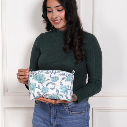 CHAMANTHI HAND BLOCK COTTON PRINTED QUILTED  TOILETRY & MAKEUP POUCH
