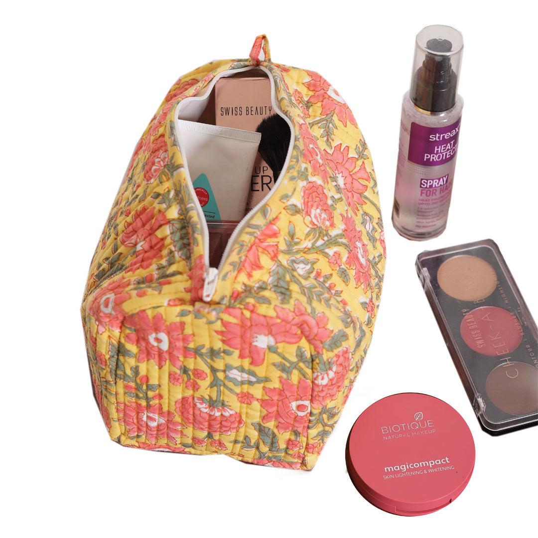 ASTER HAND BLOCK COTTON PRINTED QUILTED  TOILETRY & MAKEUP POUCH