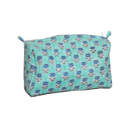 PANSY HAND BLOCK COTTON PRINTED QUILTED TOILETRY & MAKEUP POUCH