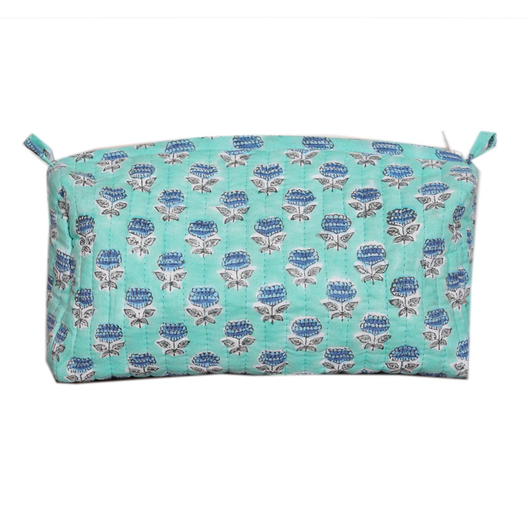PANSY HAND BLOCK COTTON PRINTED QUILTED TOILETRY & MAKEUP POUCH
