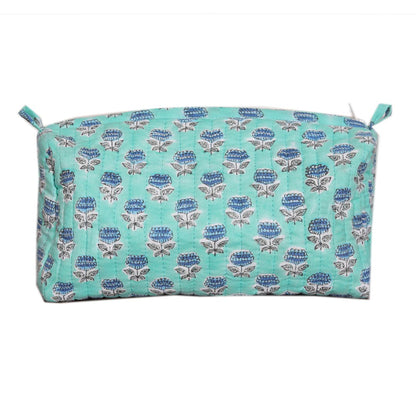 PANSY HAND BLOCK COTTON PRINTED QUILTED TOILETRY & MAKEUP POUCH