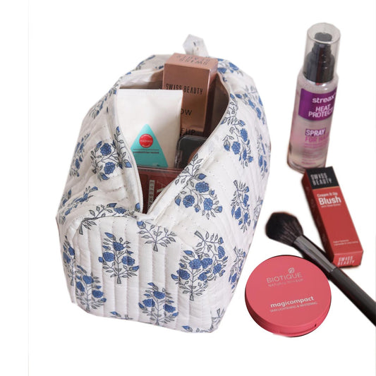 CRAPE MRYTLE HAND BLOCK COTTON PRINTED QUILTED  TOILETRY & MAKEUP POUCH