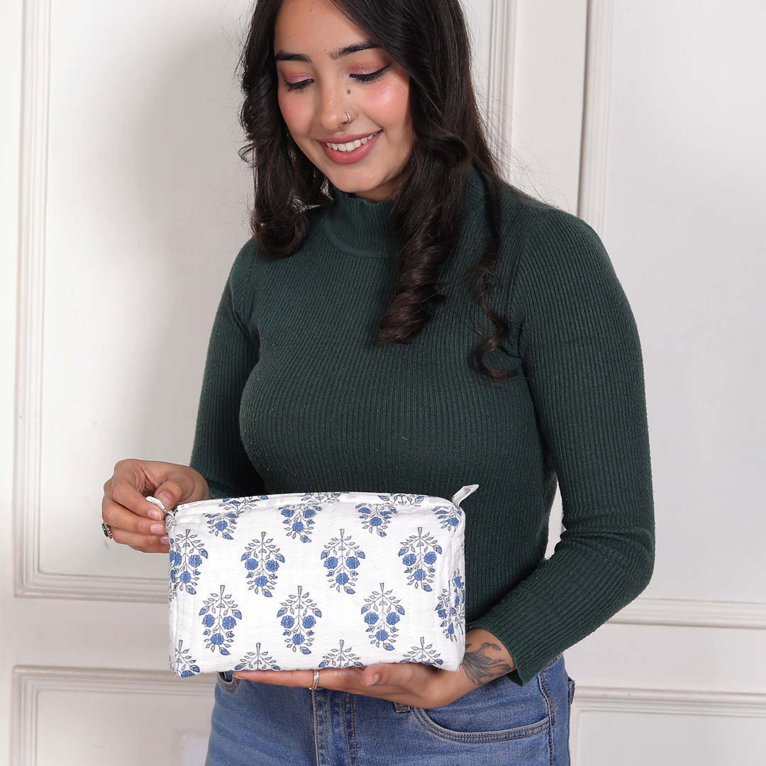 CRAPE MRYTLE HAND BLOCK COTTON PRINTED QUILTED  TOILETRY & MAKEUP POUCH