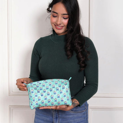 PANSY HAND BLOCK COTTON PRINTED QUILTED TOILETRY & MAKEUP POUCH