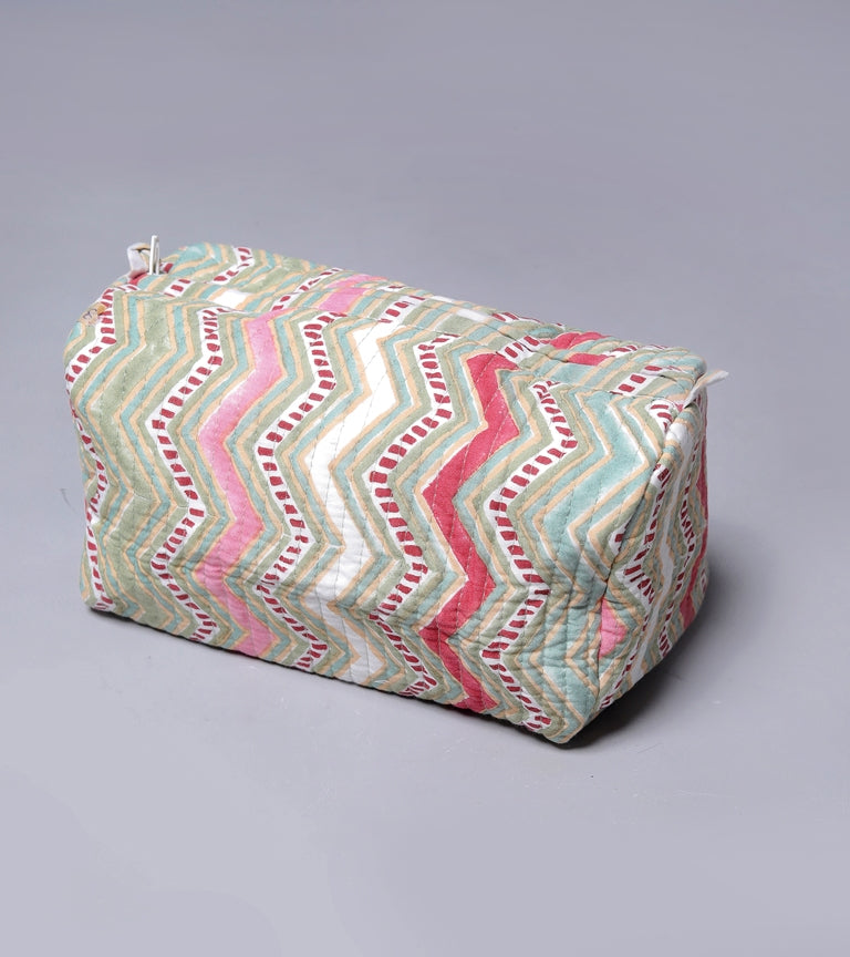 CHEVRON HAND BLOCK COTTON PRINTED QUILTED TOILETRY & MAKEUP POUCH