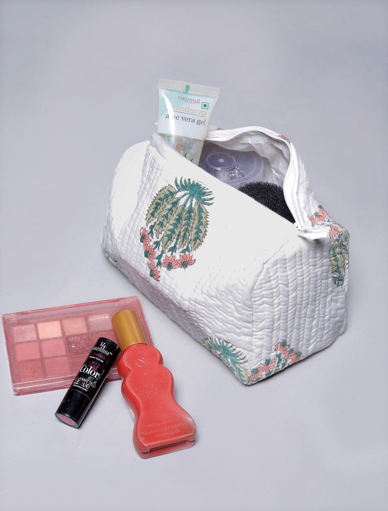 ARGEMONE MEXICANA HAND BLOCK COTTON PRINTED QUILTED TOILETRY & MAKEUP POUCH