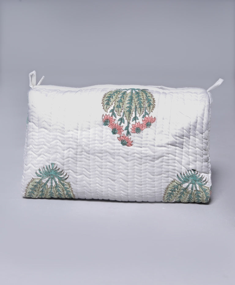 ARGEMONE MEXICANA HAND BLOCK COTTON PRINTED QUILTED TOILETRY & MAKEUP POUCH