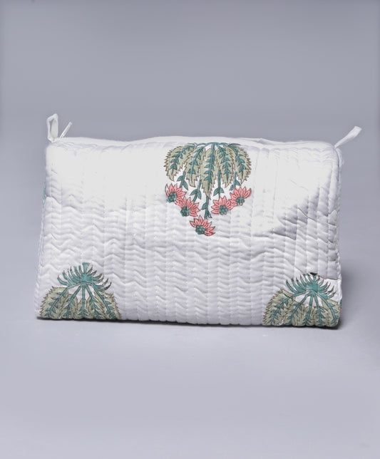 ARGEMONE MEXICANA HAND BLOCK COTTON PRINTED QUILTED TOILETRY & MAKEUP POUCH