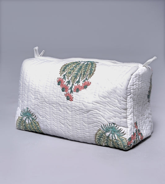 ARGEMONE MEXICANA HAND BLOCK COTTON PRINTED QUILTED TOILETRY & MAKEUP POUCH